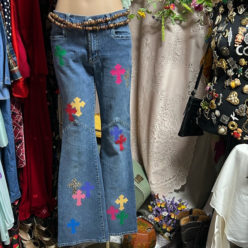 Y2K custom-made vintage Sirens jeans with multicolor fabric crosses